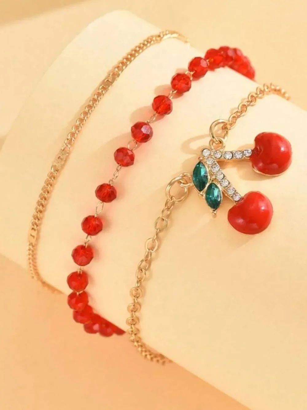 Red Cherry Charm Anklet Set R681 - Picture 3 of 4